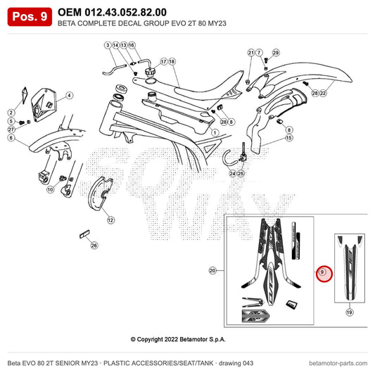 BETA COMPLETE DECAL GROUP EVO 2T 80 MY23 – OEM 012.43.052.82.00, position 9 on the Beta EVO 80 2T SENIOR MY23 plastic accessories/seat/tank drawing