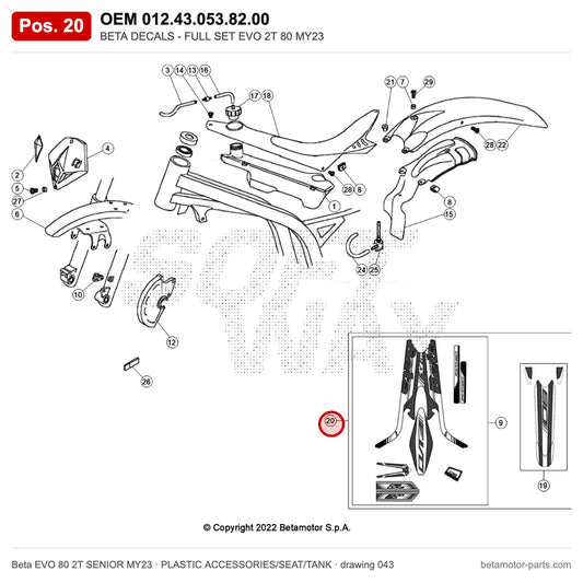 BETA DECALS - FULL SET EVO 2T 80 MY23 – OEM 012.43.053.82.00, position 20 on the Beta EVO 80 2T SENIOR MY23 plastic accessories/seat/tank drawing