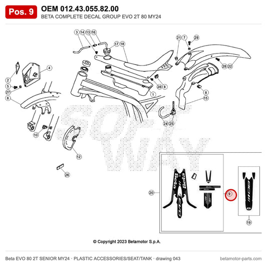 BETA COMPLETE DECAL GROUP EVO 2T 80 MY24 – OEM 012.43.055.82.00, position 9 on the Beta EVO 80 2T SENIOR MY24 plastic accessories/seat/tank drawing