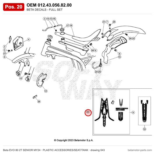 BETA DECALS - FULL SET EVO 2T 80 MY24 – OEM 012.43.056.82.00, position 20 on the Beta EVO 80 2T SENIOR MY24 plastic accessories/seat/tank drawing