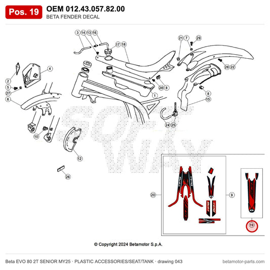 BETA FENDER DECAL EVO 2T 80 MY25 – OEM 012.43.057.82.00, position 19 on the Beta EVO 80 2T SENIOR MY25 plastic accessories/seat/tank drawing