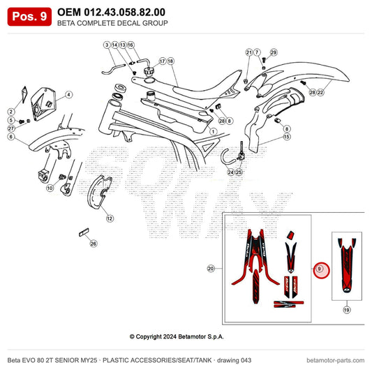 BETA COMPLETE DECAL GROUP EVO 2T 80 MY25 – OEM 012.43.058.82.00, position 9 on the Beta EVO 80 2T SENIOR MY25 plastic accessories/seat/tank drawing