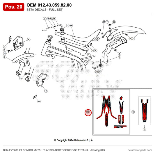 BETA DECALS - FULL SET EVO 2T 80 MY25 – OEM 012.43.059.82.00, position 20 on the Beta EVO 80 2T SENIOR MY25 plastic accessories/seat/tank drawing