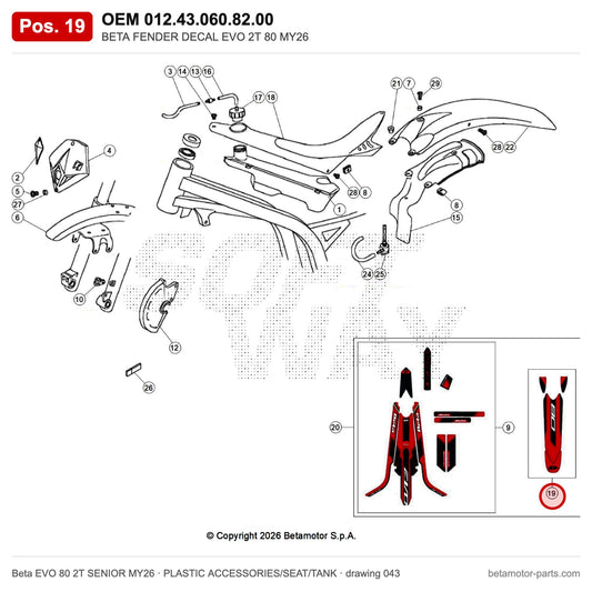 BETA FENDER DECAL EVO 2T 80 MY26 – OEM 012.43.060.82.00, position 19 on the Beta EVO 80 2T SENIOR MY26 plastic accessories/seat/tank drawing