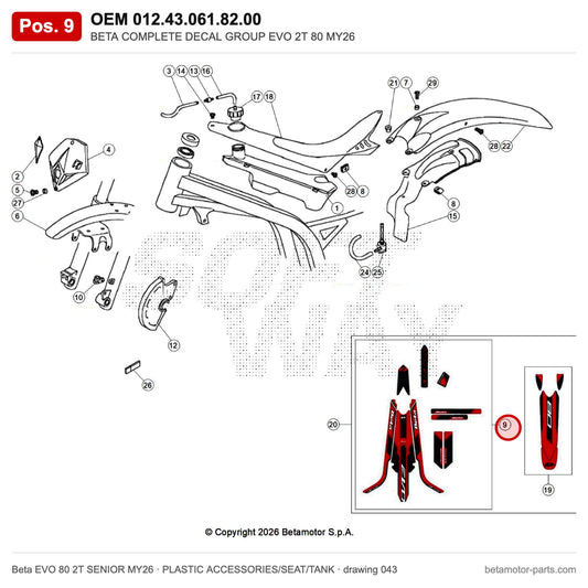 BETA COMPLETE DECAL GROUP EVO 2T 80 MY26 – OEM 012.43.061.82.00, position 9 on the Beta EVO 80 2T SENIOR MY26 plastic accessories/seat/tank drawing