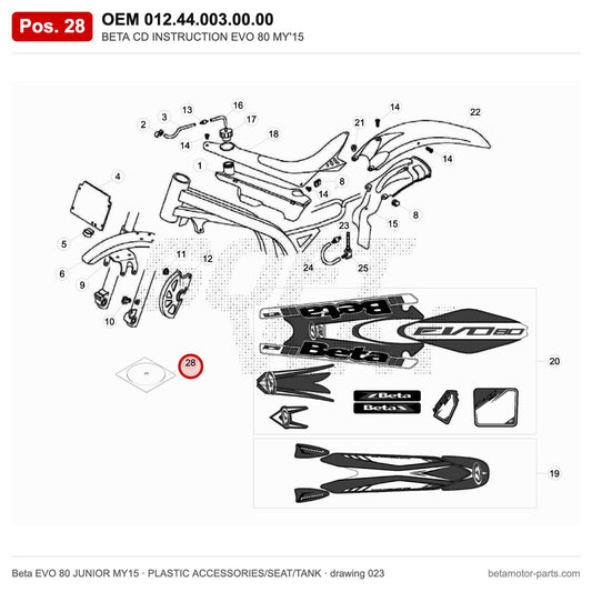 BETA CD INSTRUCTION EVO 80 MY'15 – OEM 012.44.003.00.00, position 28 on the Beta EVO 80 JUNIOR MY15 plastic accessories/seat/tank drawing