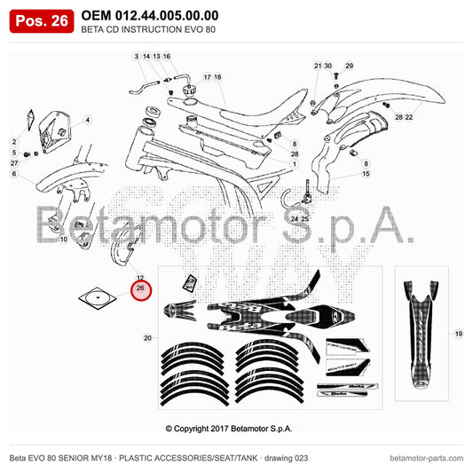 BETA CD INSTRUCTION EVO 80 – OEM 012.44.005.00.00, position 26 on the Beta EVO 80 SENIOR MY18 plastic accessories/seat/tank drawing
