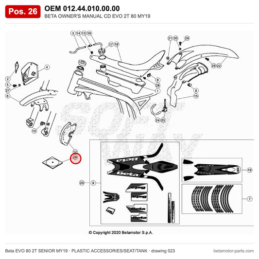 BETA OWNER'S MANUAL CD EVO 2T 80 MY19 – OEM 012.44.010.00.00, position 26 on the Beta EVO 80 2T SENIOR MY19 plastic accessories/seat/tank drawing