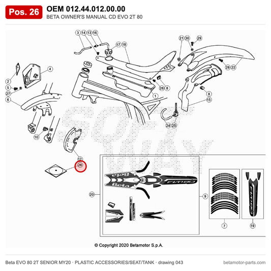 BETA OWNER'S MANUAL CD EVO 2T 80 – OEM 012.44.012.00.00, position 26 on the Beta EVO 80 2T SENIOR MY20 plastic accessories/seat/tank drawing