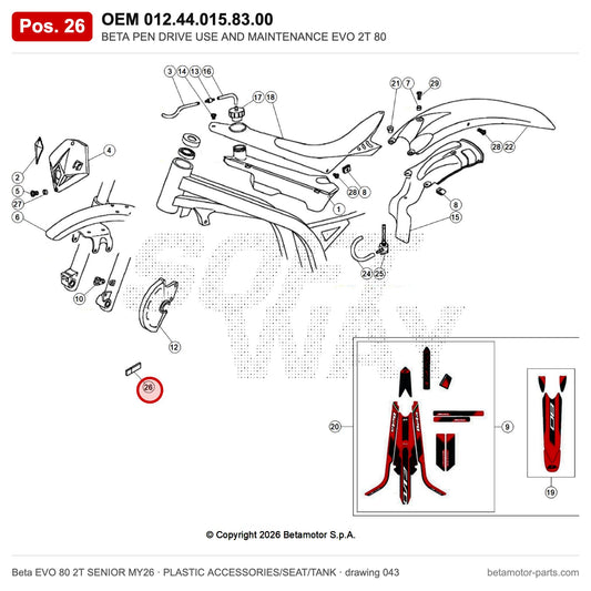 BETA PEN DRIVE USE AND MAINTENANCE EVO 2T 80 – OEM 012.44.015.83.00, position 26 on the Beta EVO 80 2T SENIOR MY26 plastic accessories/seat/tank drawing