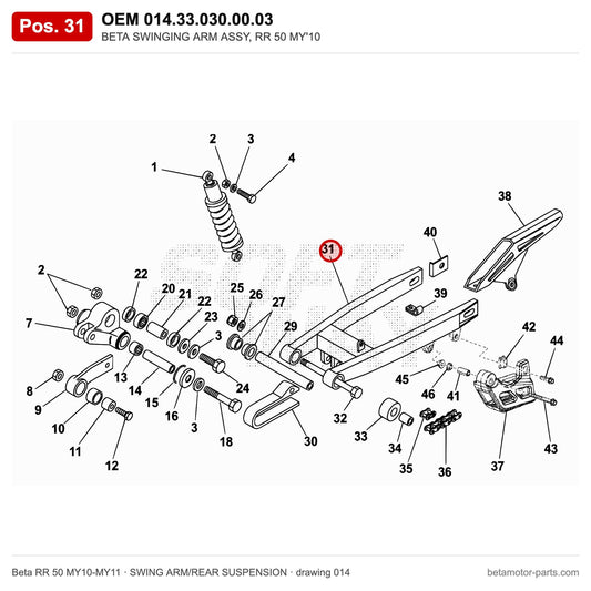 BETA SWINGING ARM ASSY, RR 50 MY'10 – OEM 014.33.030.00.03, position 31 on the Beta RR 50 MY10-MY11 swing arm/rear suspension drawing