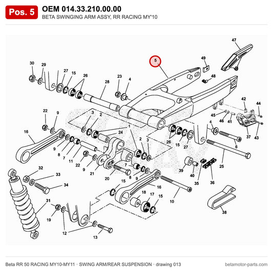 BETA SWINGING ARM ASSY, RR RACING MY'10 – OEM 014.33.210.00.00, position 5 on the Beta RR 50 RACING MY10-MY11 swing arm/rear suspension drawing