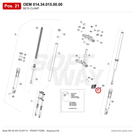 BETA CLAMP – OEM 014.34.015.00.00, position 21 on the Beta RR 50 MY12-MY14 front fork drawing