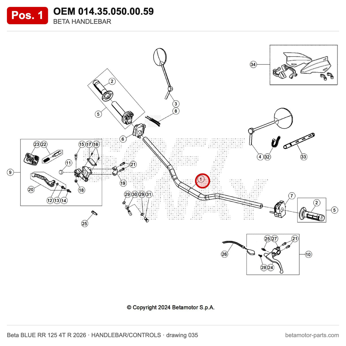 BETA HANDLEBAR – OEM 014.35.050.00.59, position 1 on the Beta BLUE RR 125 4T R 2026 handlebar/controls drawing