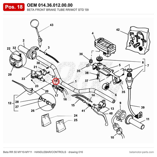 BETA FRONT BRAKE TUBE RR/MOT STD '09 – OEM 014.36.012.00.00, position 18 on the Beta RR 50 MY10-MY11 handlebar/controls drawing