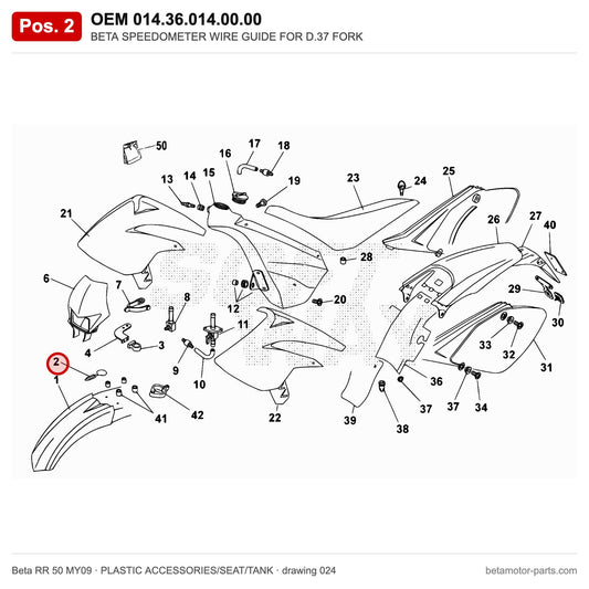 BETA SPEEDOMETER WIRE GUIDE FOR D.37 FORK – OEM 014.36.014.00.00, position 2 on the Beta RR 50 MY09 plastic accessories/seat/tank drawing
