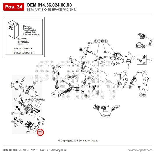 BETA ANTI NOISE BRAKE PAD SHIM – OEM 014.36.024.00.00, position 34 on the Beta BLACK RR 50 2T 2026 brakes drawing