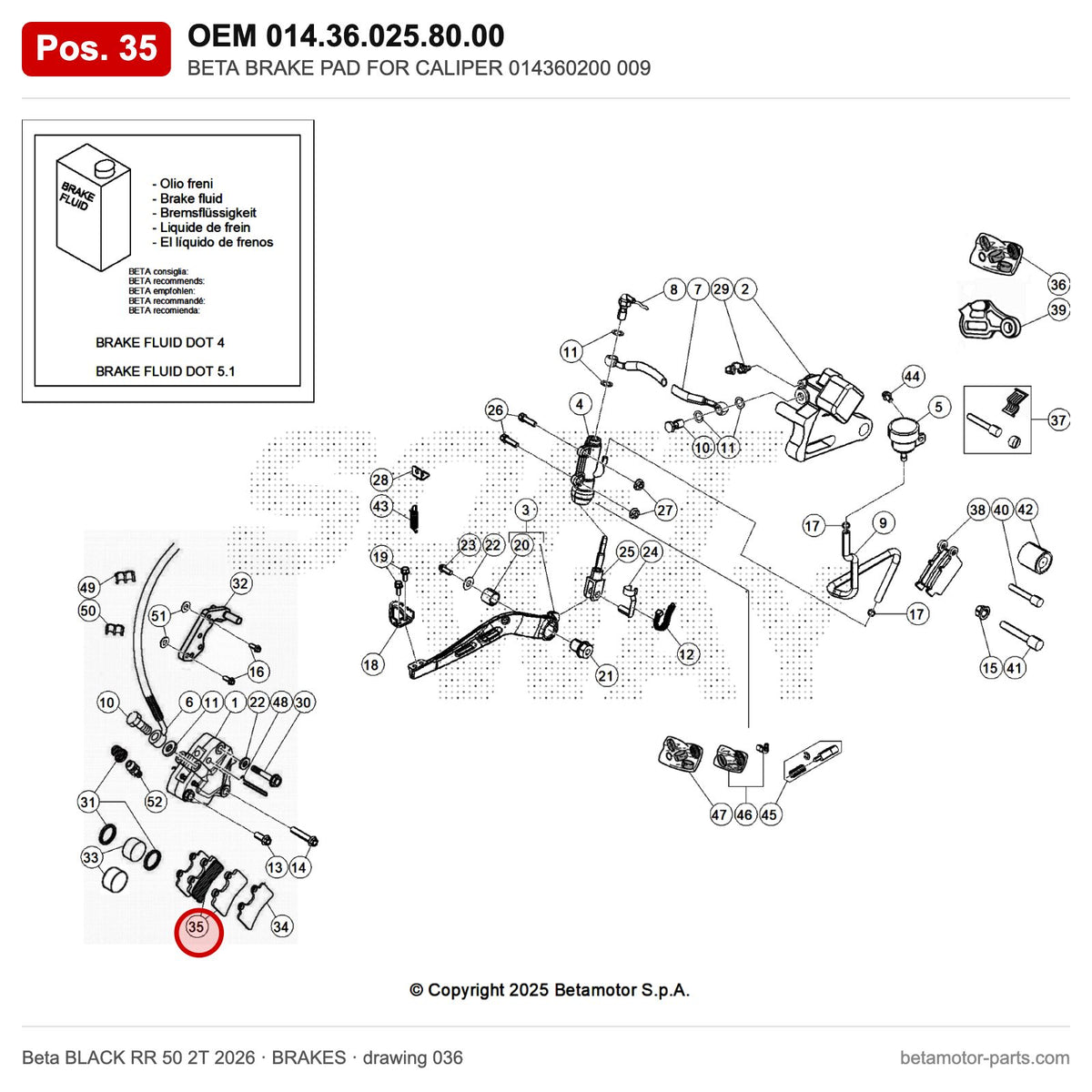 BETA BRAKE PAD FOR CALIPER 014360200 009 – OEM 014.36.025.80.00, position 35 on the Beta BLACK RR 50 2T 2026 brakes drawing