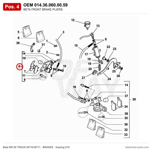 BETA FRONT BRAKE PLIERS – OEM 014.36.060.00.59, position 4 on the Beta RR 50 TRACK MY10-MY11 brakes drawing