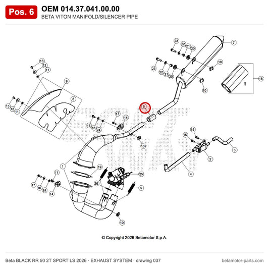BETA VITON MANIFOLD/SILENCER PIPE – OEM 014.37.041.00.00, position 6 on the Beta BLACK RR 50 2T SPORT LS 2026 exhaust system drawing