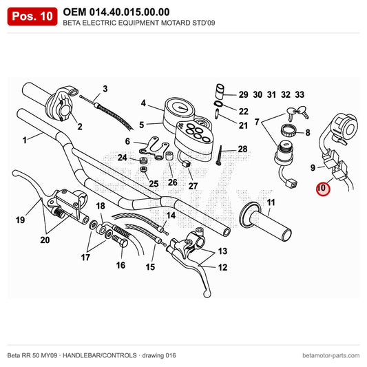 BETA ELECTRIC EQUIPMENT MOTARD STD'09 – OEM 014.40.015.00.00, position 10 on the Beta RR 50 MY09 handlebar/controls drawing