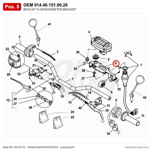 BETA MY'10 SPEEDOMETER BRACKET – OEM 014.40.151.00.26, position 5 on the Beta RR 125 MY10 handlebar/controls drawing
