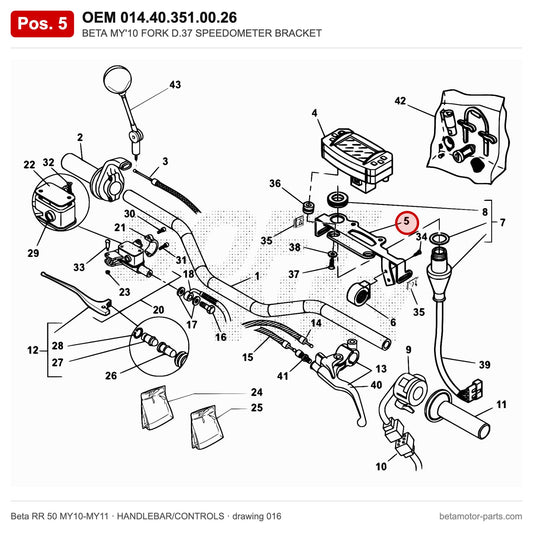BETA MY'10 FORK D.37 SPEEDOMETER BRACKET – OEM 014.40.351.00.26, position 5 on the Beta RR 50 MY10-MY11 handlebar/controls drawing