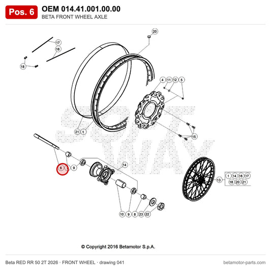 BETA FRONT WHEEL AXLE – OEM 014.41.001.00.00, position 6 on the Beta RED RR 50 2T 2026 front wheel drawing
