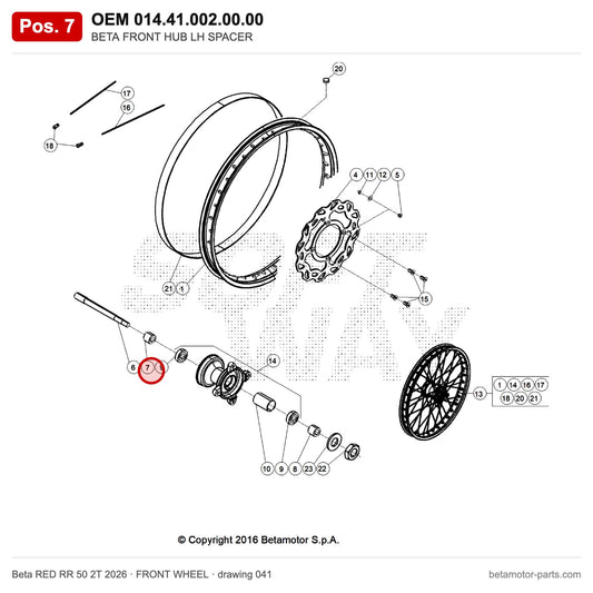 BETA FRONT HUB LH SPACER – OEM 014.41.002.00.00, position 7 on the Beta RED RR 50 2T 2026 front wheel drawing