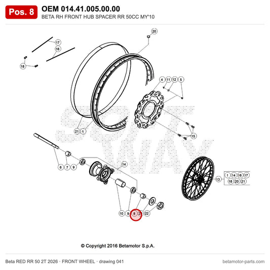 BETA RH FRONT HUB SPACER RR 50CC MY'10 – OEM 014.41.005.00.00, position 8 on the Beta RED RR 50 2T 2026 front wheel drawing