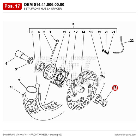 BETA FRONT HUB LH SPACER – OEM 014.41.006.00.00, position 17 on the Beta RR 50 MY10-MY11 front wheel drawing