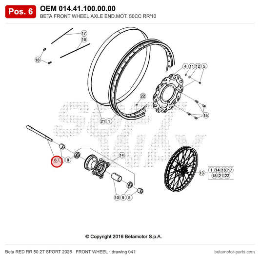 BETA FRONT WHEEL AXLE END.MOT. 50CC RR'10 – OEM 014.41.100.00.00, position 6 on the Beta RED RR 50 2T SPORT 2026 front wheel drawing