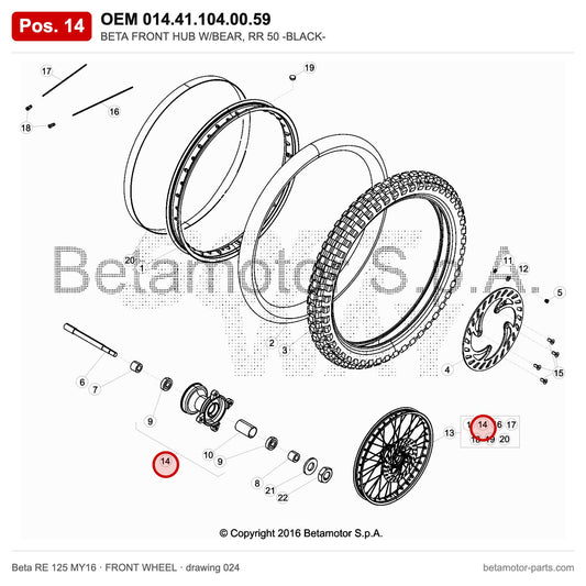 BETA FRONT HUB W/BEAR, RR 50 -BLACK- – OEM 014.41.104.00.59, position 14 on the Beta RE 125 MY16 front wheel drawing