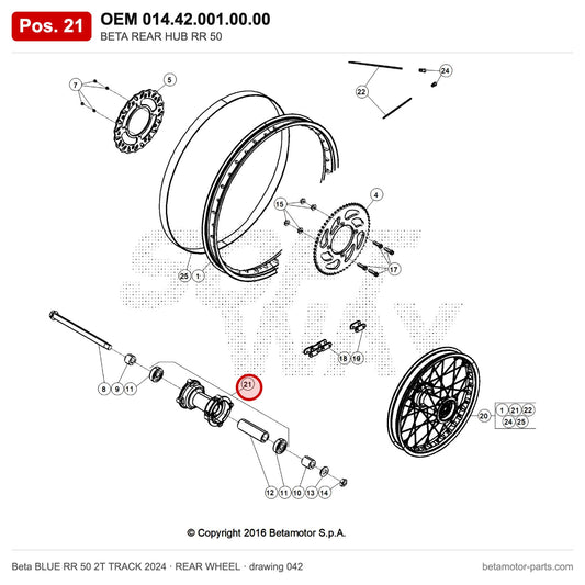 BETA REAR HUB RR 50 – OEM 014.42.001.00.00, position 21 on the Beta BLUE RR 50 2T TRACK 2024 rear wheel drawing