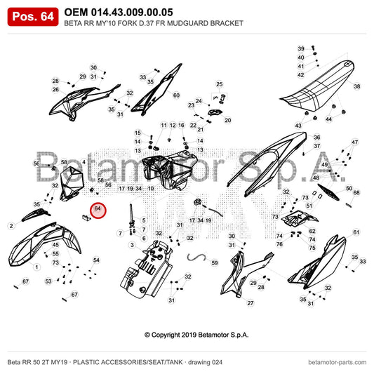 BETA RR MY'10 FORK D.37 FR MUDGUARD BRACKET – OEM 014.43.009.00.05, position 64 on the Beta RR 50 2T MY19 plastic accessories/seat/tank drawing