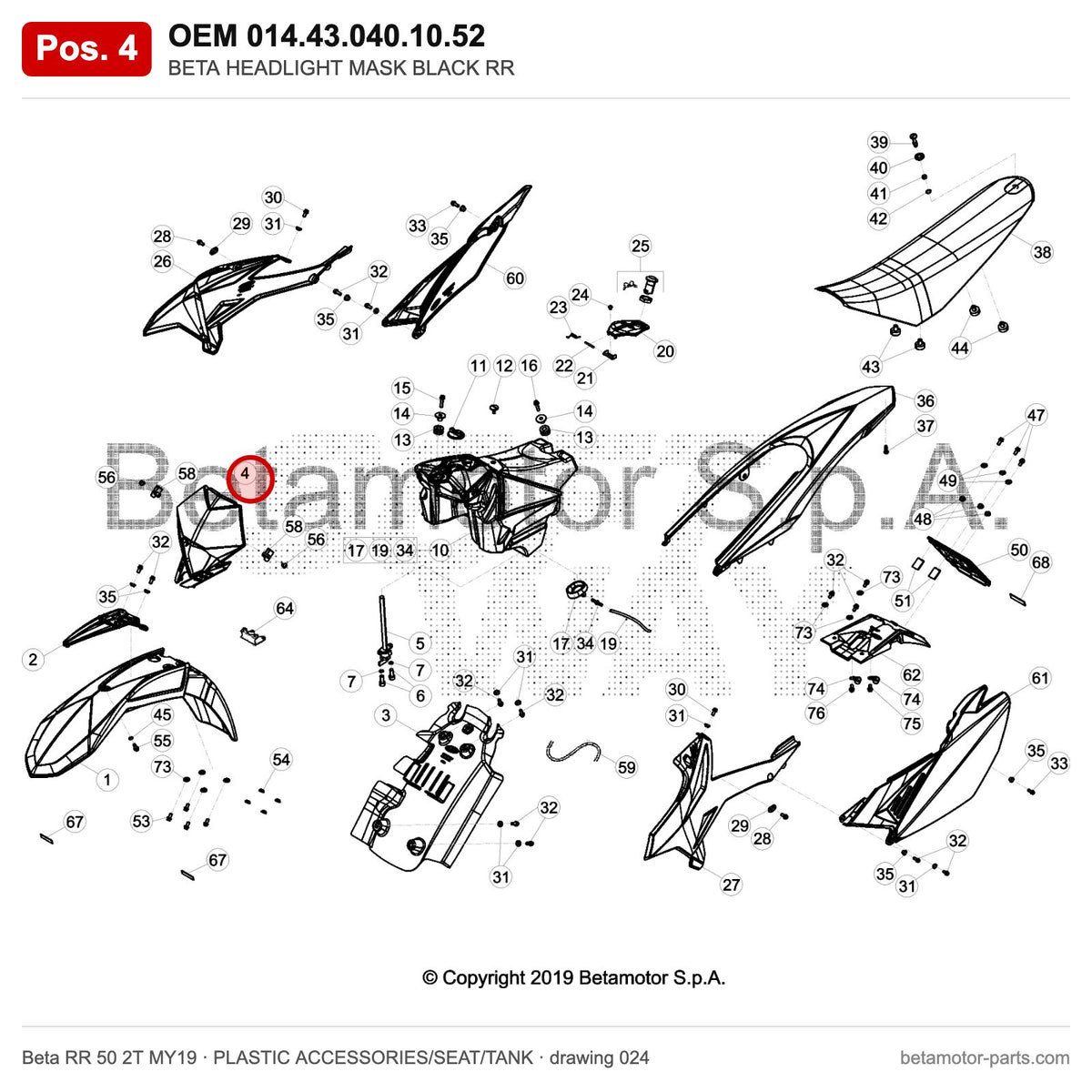 BETA HEADLIGHT MASK BLACK RR – OEM 014.43.040.10.52, position 4 on the Beta RR 50 2T MY19 plastic accessories/seat/tank drawing