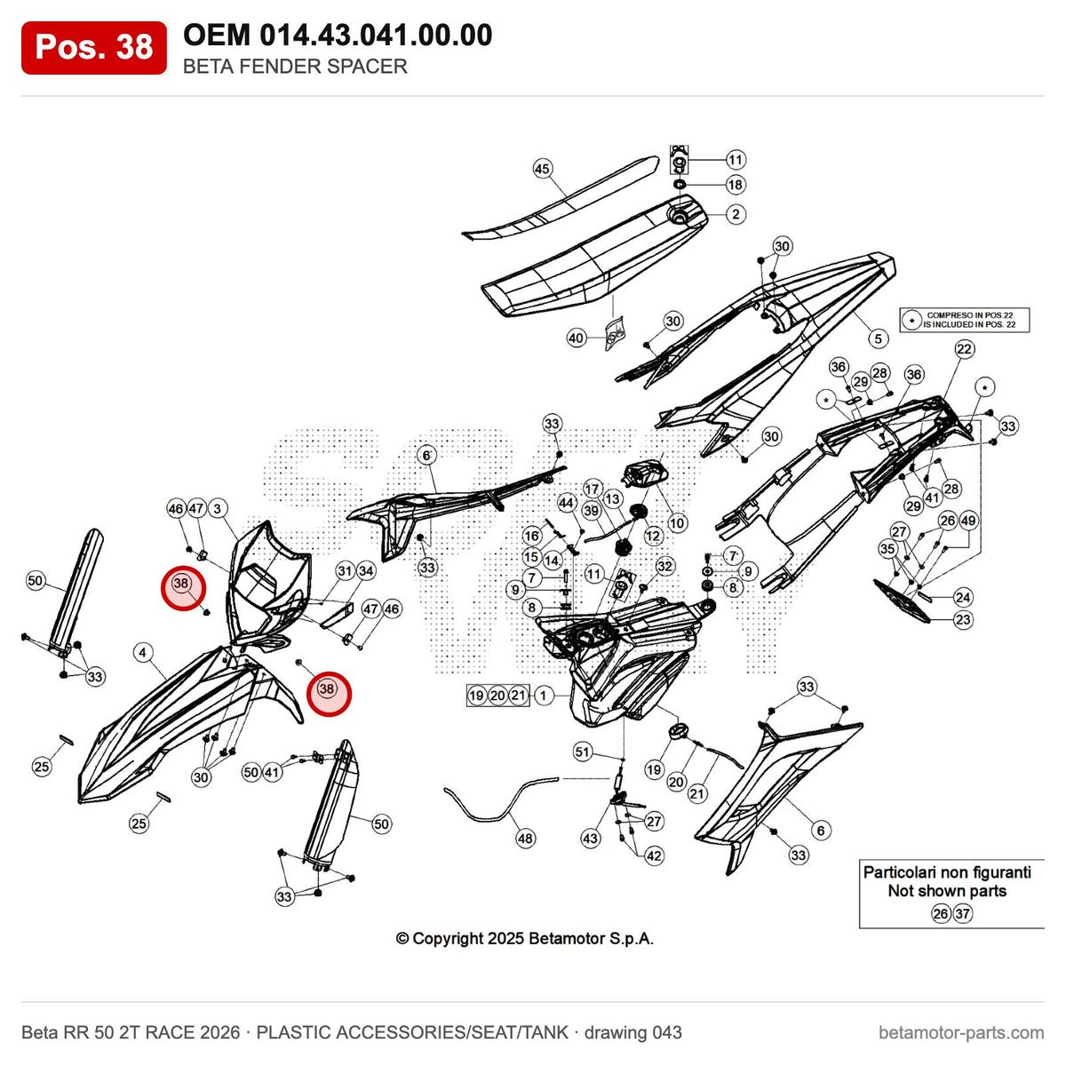 BETA FENDER SPACER – OEM 014.43.041.00.00, position 38 on the Beta RR 50 2T RACE 2026 plastic accessories/seat/tank drawing