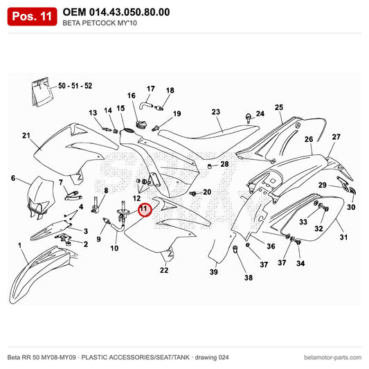 BETA PETCOCK MY'10 – OEM 014.43.050.80.00, position 11 on the Beta RR 50 MY08-MY09 plastic accessories/seat/tank drawing