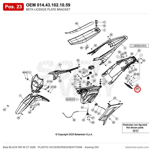 BETA LICENCE PLATE BRACKET – OEM 014.43.102.10.59, position 23 on the Beta BLACK RR 50 2T 2026 plastic accessories/seat/tank drawing