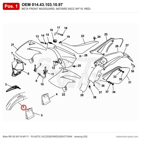 BETA FRONT MUDGUARD, MOTARD 50CC MY'10 -RED- – OEM 014.43.103.10.97, position 1 on the Beta RR 50 MY10-MY11 plastic accessories/seat/tank drawing