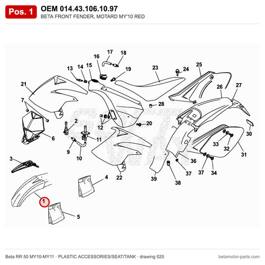 BETA FRONT FENDER, MOTARD MY'10 RED – OEM 014.43.106.10.97, position 1 on the Beta RR 50 MY10-MY11 plastic accessories/seat/tank drawing