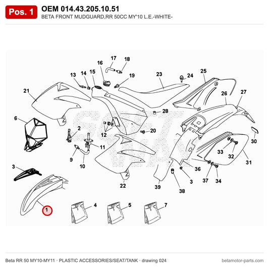 BETA FRONT MUDGUARD,RR 50CC MY'10 L.E.-WHITE- – OEM 014.43.205.10.51, position 1 on the Beta RR 50 MY10-MY11 plastic accessories/seat/tank drawing