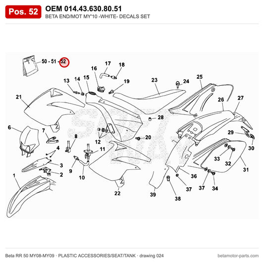 BETA END/MOT MY'10 -WHITE- DECALS SET – OEM 014.43.630.80.51, position 52 on the Beta RR 50 MY08-MY09 plastic accessories/seat/tank drawing
