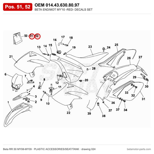 BETA END/MOT MY'10 -RED- DECALS SET – OEM 014.43.630.80.97, positions 51,52 on the Beta RR 50 MY08-MY09 plastic accessories/seat/tank drawing