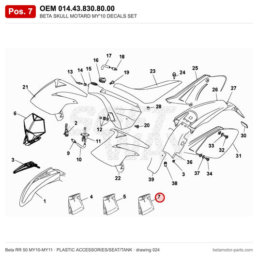 BETA SKULL MOTARD MY'10 DECALS SET – OEM 014.43.830.80.00, position 7 on the Beta RR 50 MY10-MY11 plastic accessories/seat/tank drawing