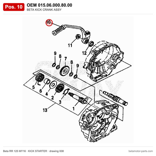BETA KICK CRANK ASSY – OEM 015.06.000.80.00, position 10 on the Beta RR 125 MY16 kick starter drawing
