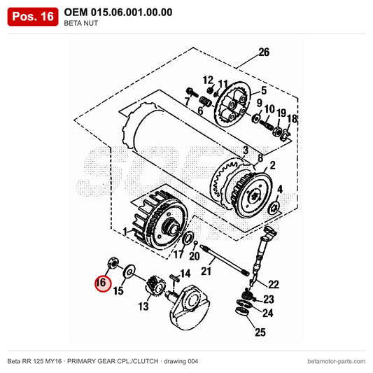 BETA NUT – OEM 015.06.001.00.00, position 16 on the Beta RR 125 MY16 primary gear cpl./clutch drawing