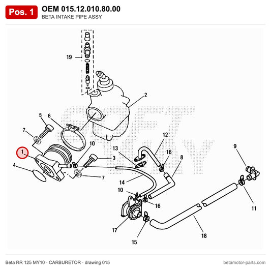 BETA INTAKE PIPE ASSY – OEM 015.12.010.80.00, position 1 on the Beta RR 125 MY10 carburetor drawing