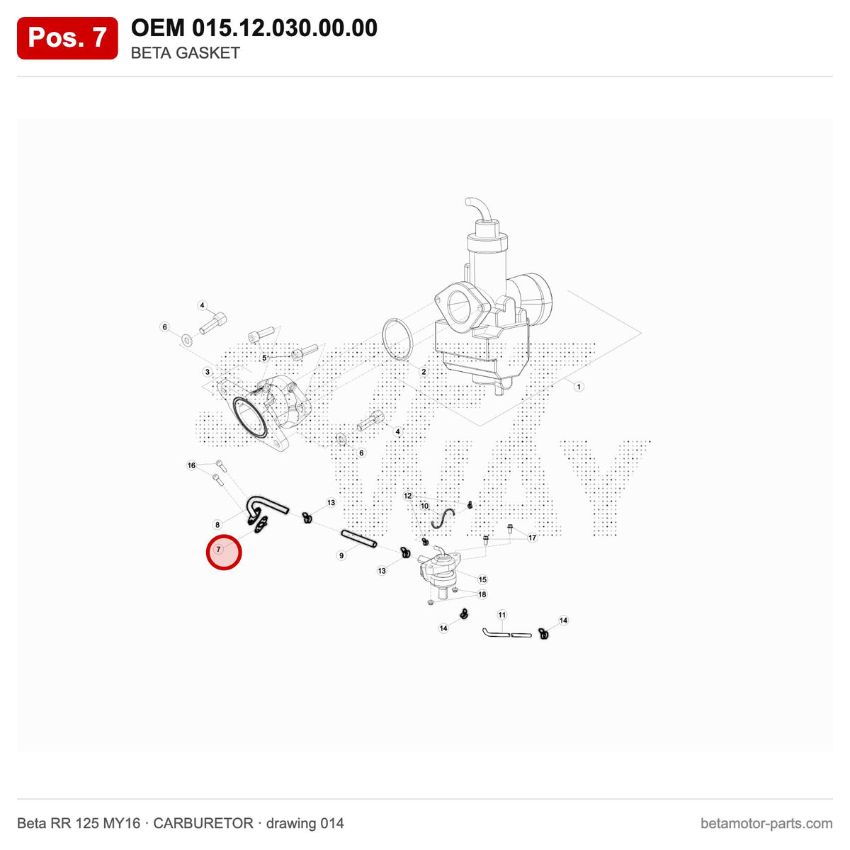 BETA GASKET – OEM 015.12.030.00.00, position 7 on the Beta RR 125 MY16 carburetor drawing