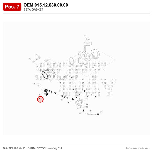 BETA GASKET – OEM 015.12.030.00.00, position 7 on the Beta RR 125 MY16 carburetor drawing